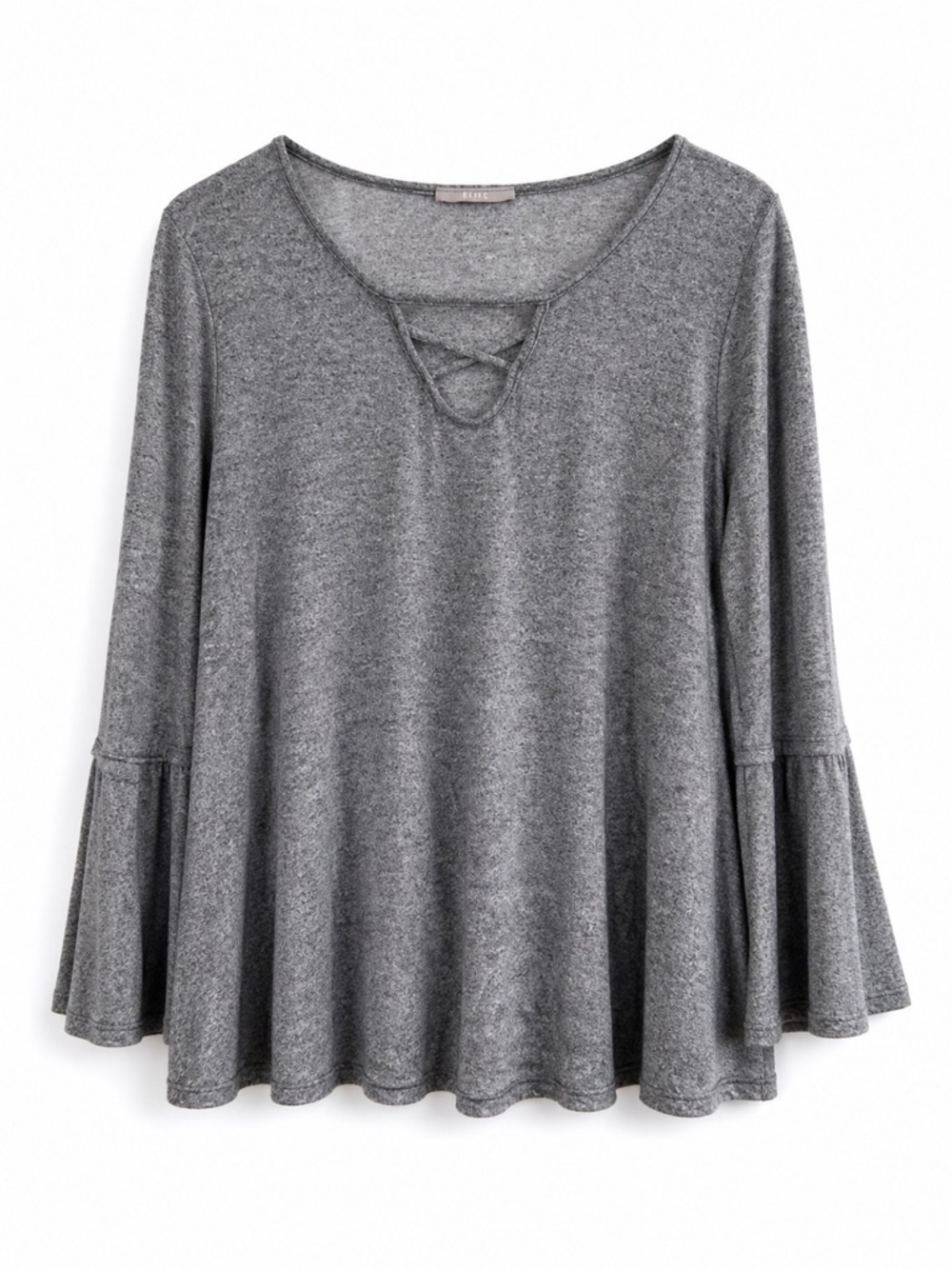 Gyft Women Bell Sleeve Knit Top Gray Lace Up Neck Size M